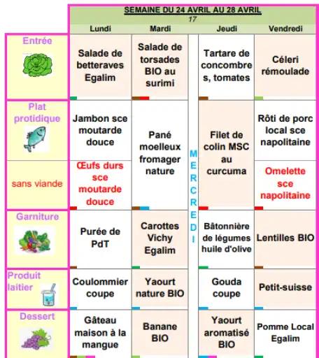 Menus &agrave; la cantine pour la p&eacute;riode du 24 avril au 19 mai