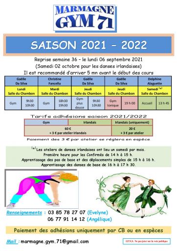 Reprise des s&eacute;ances &agrave; Marmagne Gym 71
